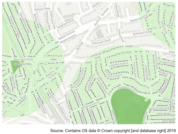 A map showing streets and properties in an area of Cardiff.