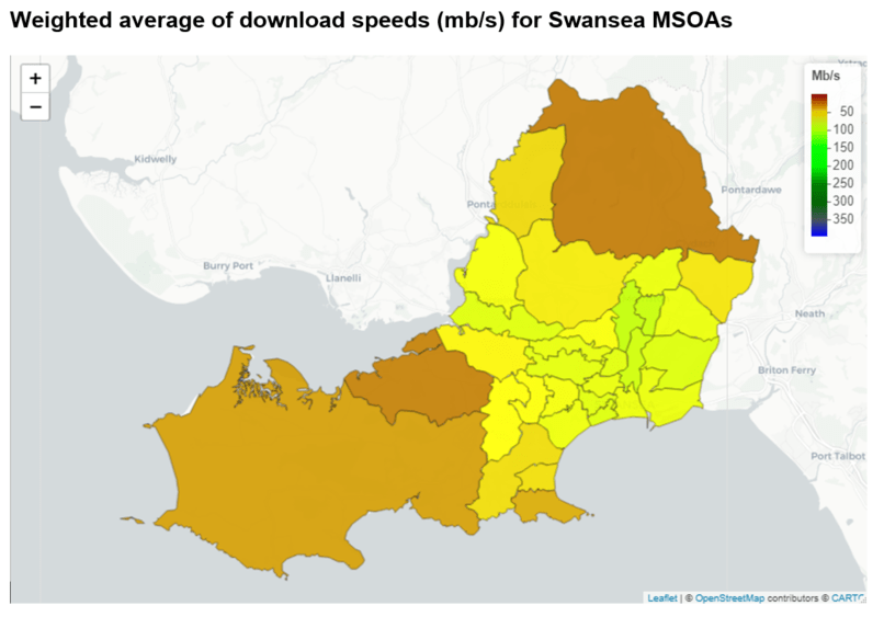 Weighted average of download speeds (mb/s) for Swansea MSOAs